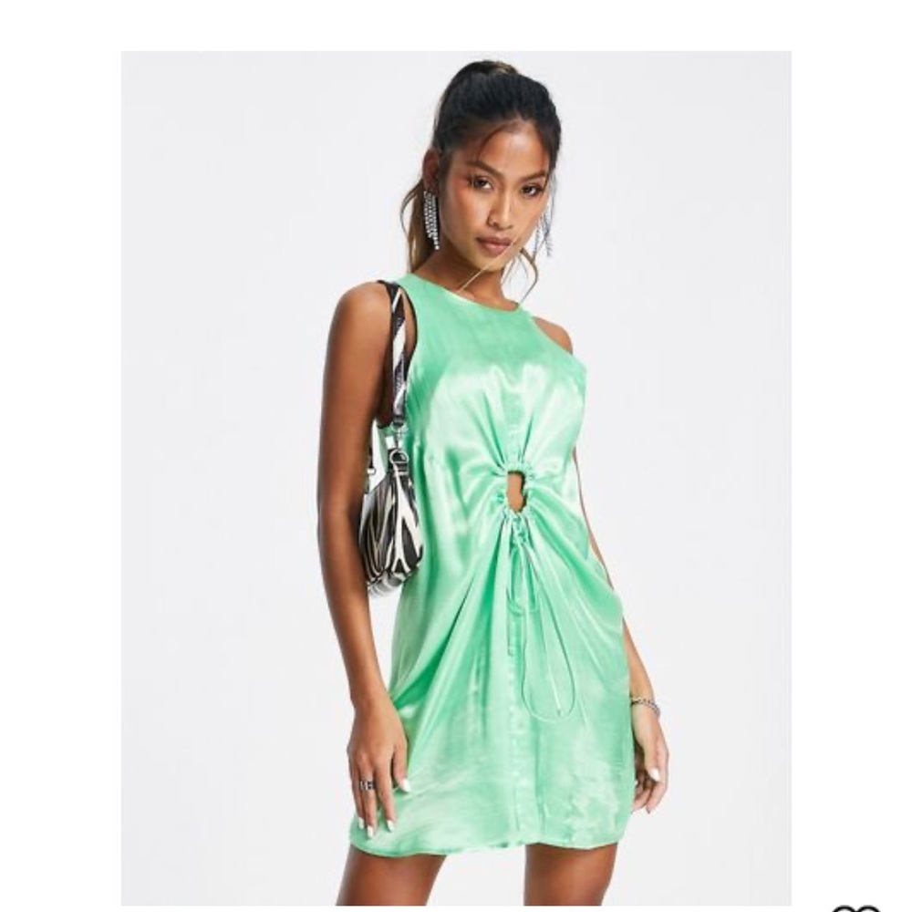 TOPSHOP SATIN CUT OUT RUCH MINI DRESS IN APPLE-GREEN